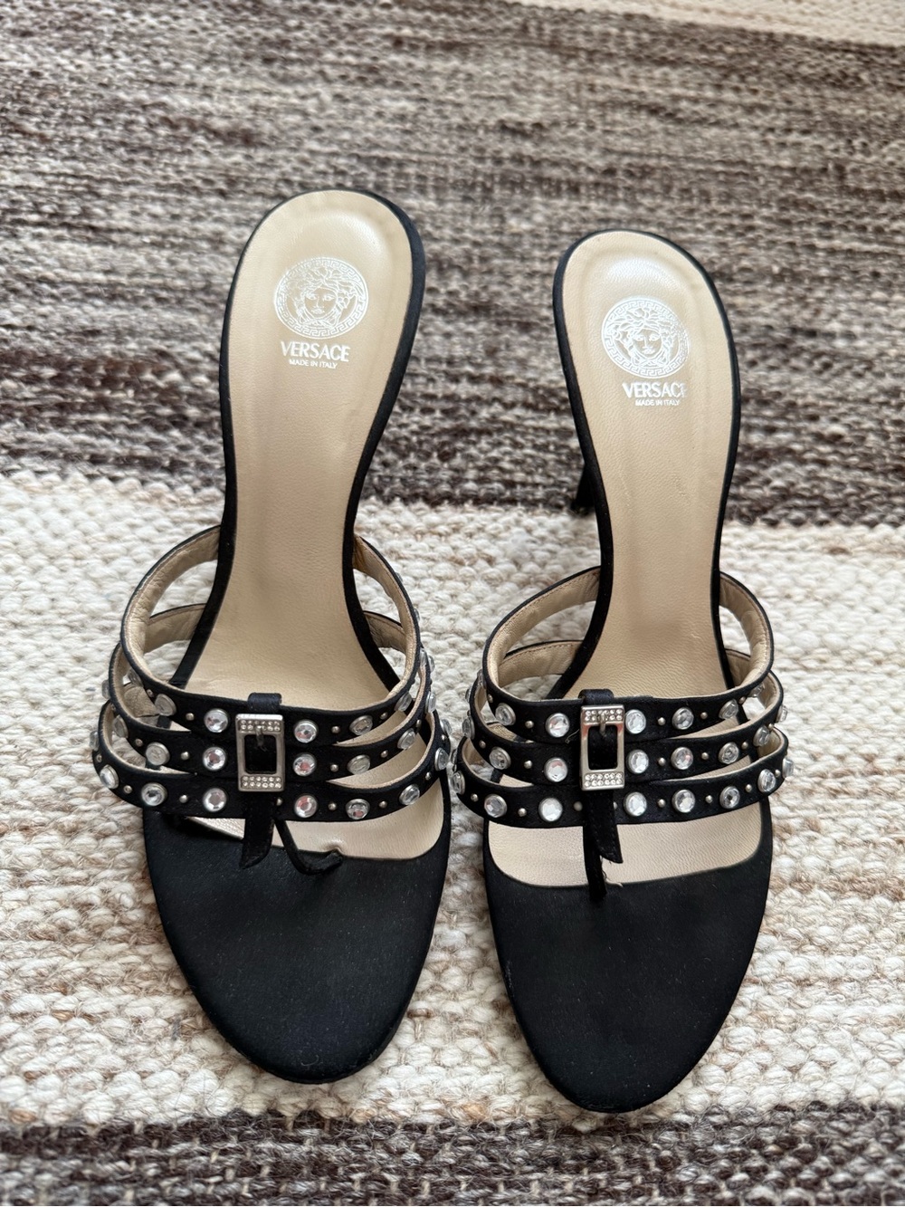 Vintage Versace Black Satin Studded Strappy Heels with Crystals 39 Authentic